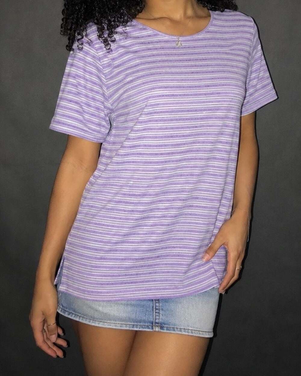 Draper's Shimmering Purple and White Striped Short Sleeve Crew Neck T-Shirt